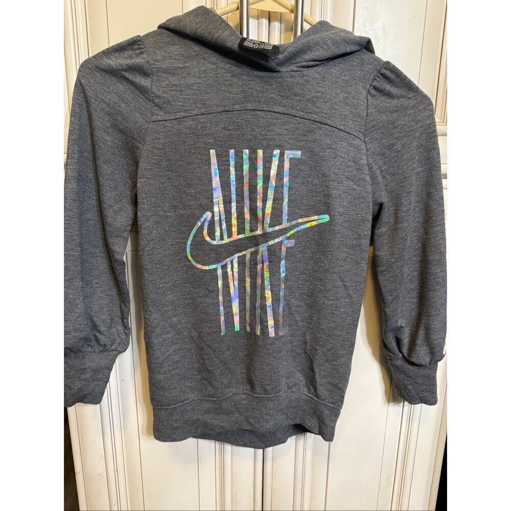 Nike Girls Holographic Swoosh Logo Print Pullover Hoodie Heather Gray Sz Medium